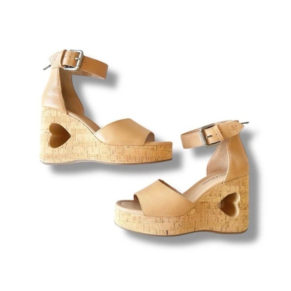 Lucky Brand Sandals Women's 6 M Himmy Ankle Straps Tan Leather Wedge Cork Heart